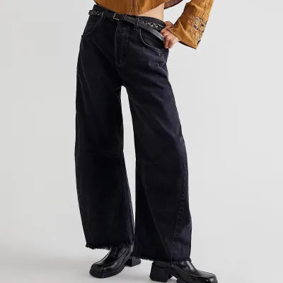 Women Wide Leg High Waist Loose Raw Hem Crop Jeans
