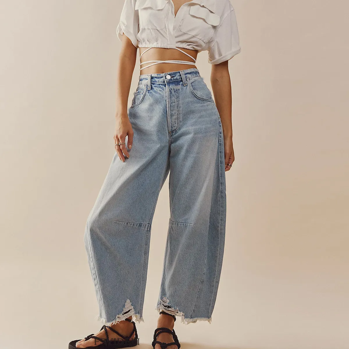Women Wide Leg High Waist Loose Raw Hem Crop Jeans