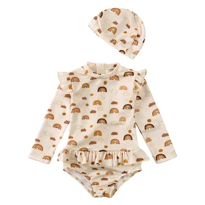 Kids Toddler Girls Casual Cute Tiny Flower Print Long Sleeve Bodysuit Swimsuit