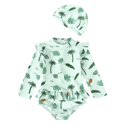 Kids Toddler Girls Casual Cute Tiny Flower Print Long Sleeve Bodysuit Swimsuit