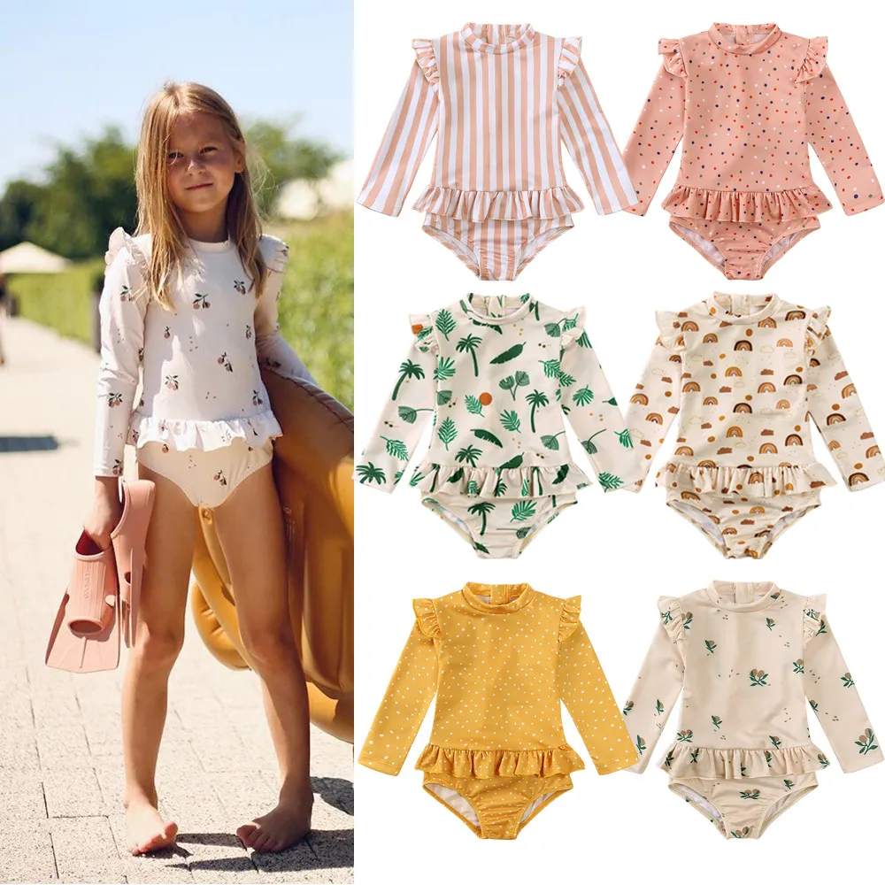 Kids Toddler Girls Casual Cute Tiny Flower Print Long Sleeve Bodysuit Swimsuit