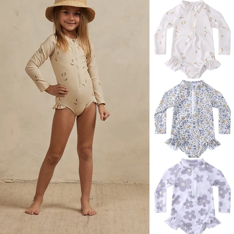 Kids Toddler Girls Cute Tiny Flower Print Long Sleeve Bodysuit Swimsuit