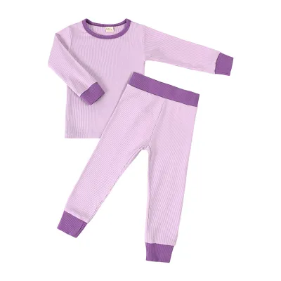 Kids Toddler Boys Girls Color Matching Rib-Knit House Pajamas Long Sleeve Top Trousers Sets
