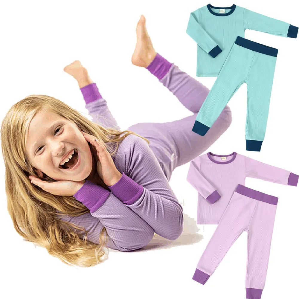 Kids Toddler Boys Girls Color Matching Rib-Knit House Pajamas Long Sleeve Top Trousers Sets