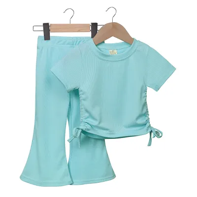 Kids Toddler Girls Casual Cute Solid Color Short Sleeve T-Shirt Flare Trousers Two-Piece Set