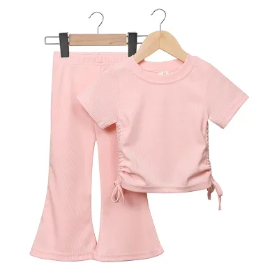 Kids Toddler Girls Casual Cute Solid Color Short Sleeve T-Shirt Flare Trousers Two-Piece Set