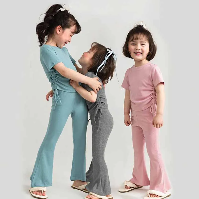 Kids Toddler Girls Casual Cute Solid Color Short Sleeve T-Shirt Flare Trousers Two-Piece Set