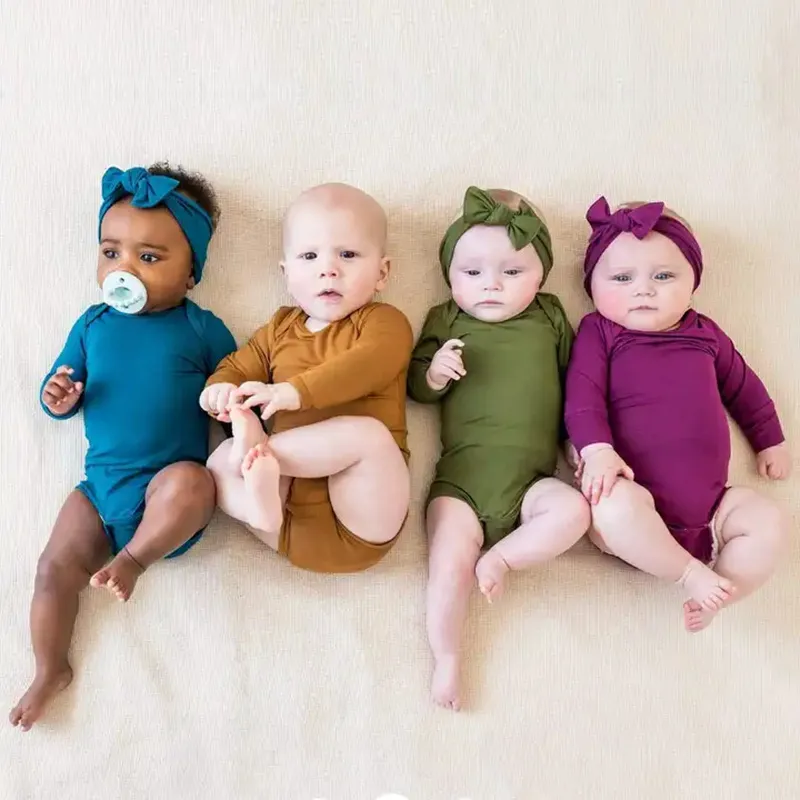 Kids Baby Boys Girls Cute Solid Color Long Sleeve Bamboo Fiber Romper Pullover