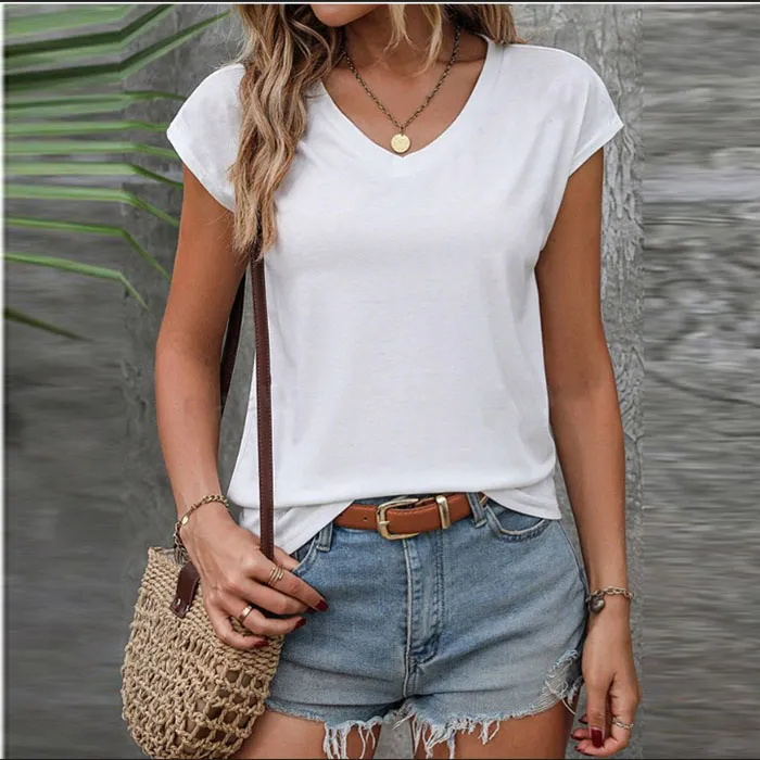 Women Basic Solid Color V-Neck Short-Sleeved T-Shirt
