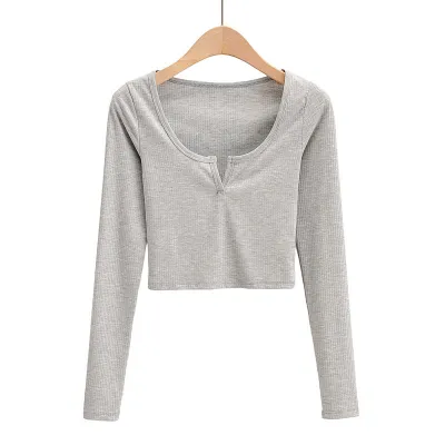 Spring Slim-Fit V-Neck Long-Sleeved Crop T-Shirt