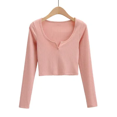 Spring Slim-Fit V-Neck Long-Sleeved Crop T-Shirt