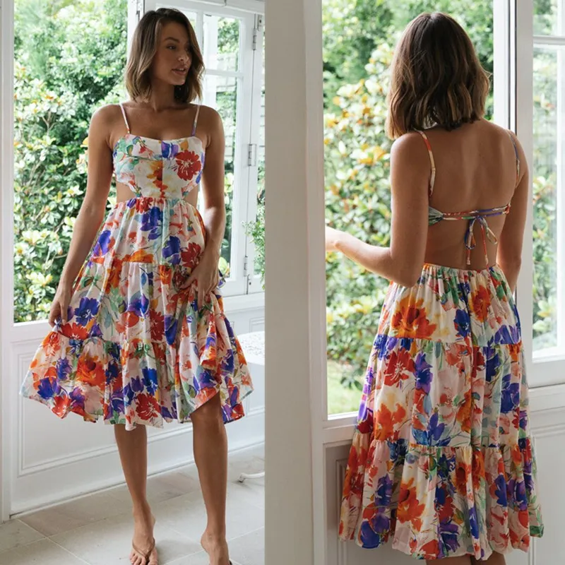 Women Floral Printed Spaghetti Strap Backless Large Swing Midi Dress
