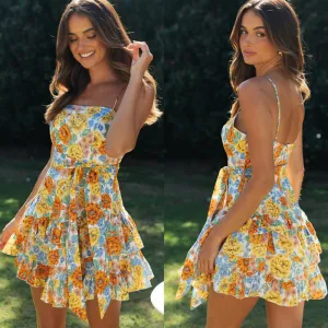 Women Floral Printed Ruffled Sun Dress Commuter Wind