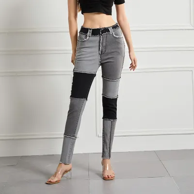 Women Vintage Stitching High Waist Stretch Skinny Jeans