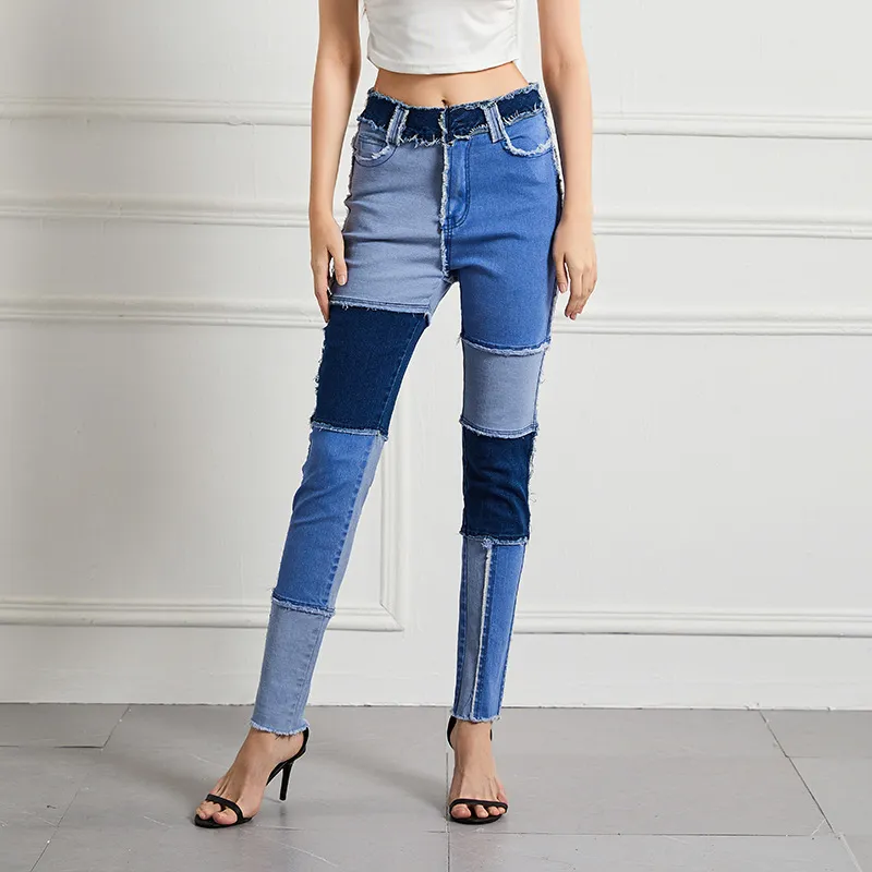 Women Vintage Stitching High Waist Stretch Skinny Jeans
