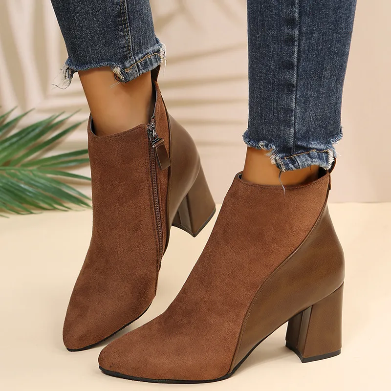 Vintage Suede Pointed Toe Thick Heel Boots