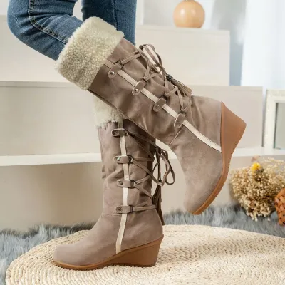 Winter Thick Fleece-Lined Suede Snow Boots Low Heel Slip On