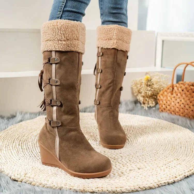 Winter Thick Fleece-Lined Suede Snow Boots Low Heel Slip On