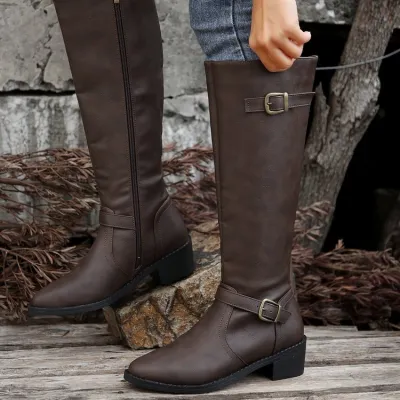 Plus Size Autumn Winter Vintage Pointed Toe Square Heel Knee High Slip On PU Boots