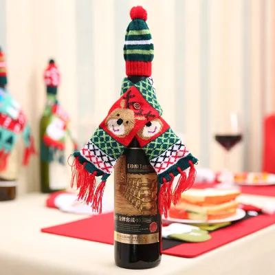 Christmas Wine Bottle Decoration Supplies Knitted Scarf Wine Set for Elderly Elk Young Trees