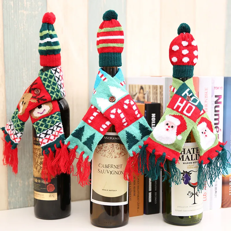 Christmas Wine Bottle Decoration Supplies Knitted Scarf Wine Set for Elderly Elk Young Trees