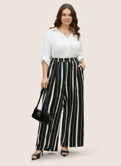 Plus Size Women High Waist Wide Leg Cropped Pants