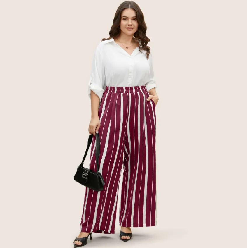 Plus Size Women High Waist Wide Leg Cropped Pants