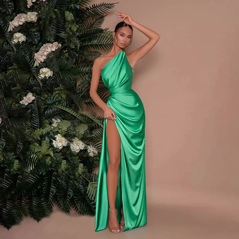 Women Elegant Solid Color Side Split Oblique Shoulder Maxi Dress