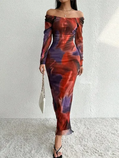 Women Sexy Shoulder Print Mesh Bodycon Maxi Dress