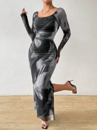 Women Sexy Shoulder Print Mesh Bodycon Maxi Dress