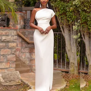 Women Elegant Solid Color Single Shoulder Side Split Maxi Dress
