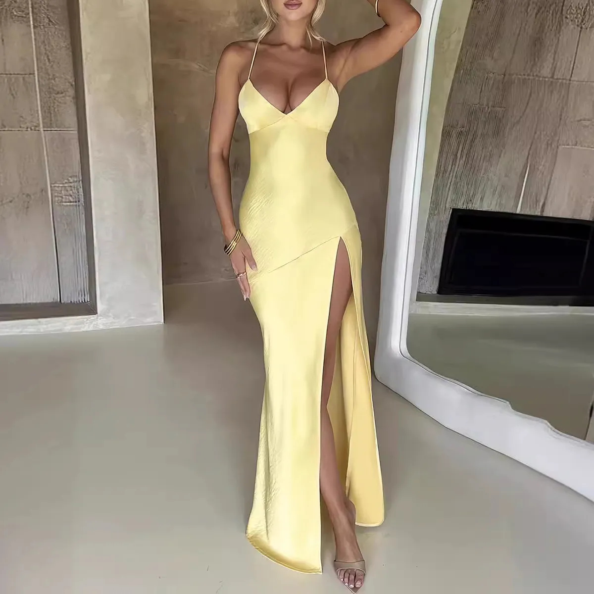Women Sexy Solid Color Sling Side Split Maxi Dress