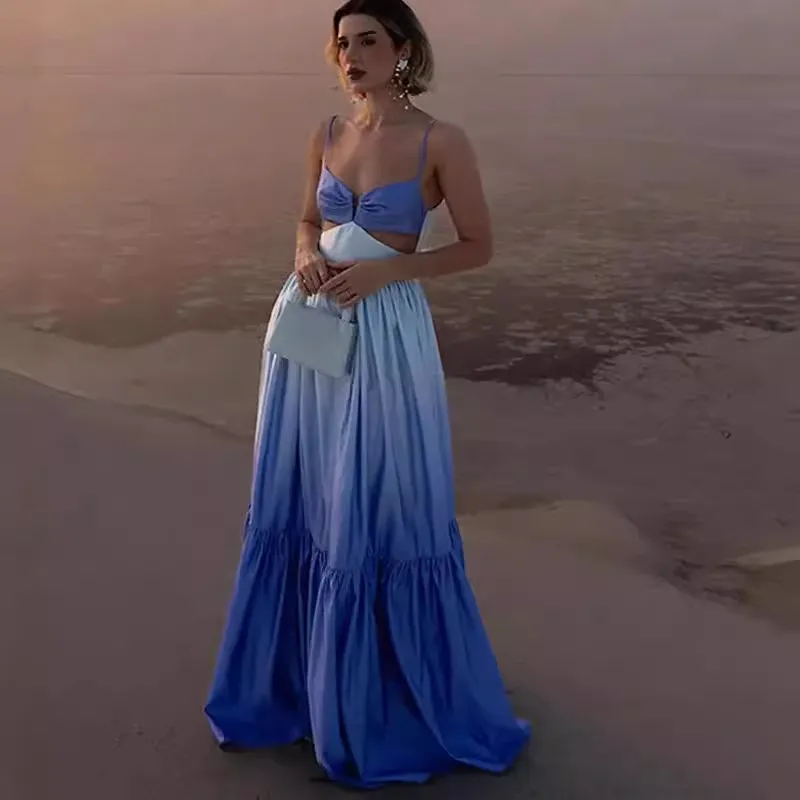 Women Casual Gradient Sling Hollow Maxi Dress