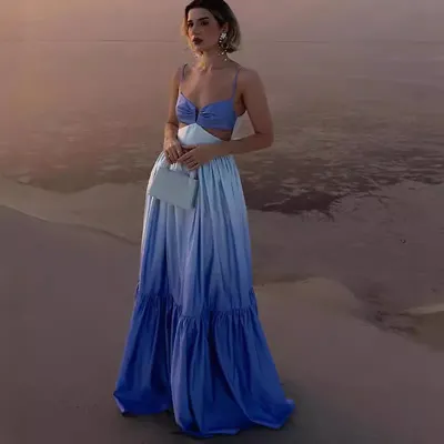 Women Casual Gradient Sling Hollow Maxi Dress