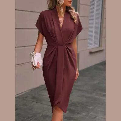 Women Casual Polyester Midi Dress with V-Neck and Shrug Sleeve