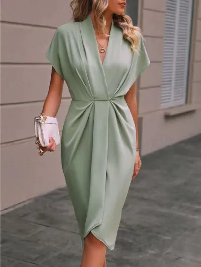 Women Casual Polyester Midi Dress with V-Neck and Shrug Sleeve
