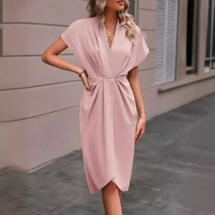 Women Casual Polyester Midi Dress with V-Neck and Shrug Sleeve