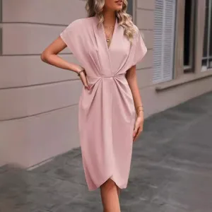 Women Casual Polyester Midi Dress with V-Neck and Shrug Sleeve