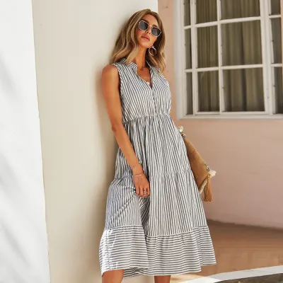 Women Casual Stripe Print V-Neck Sleeveless Midi Dress