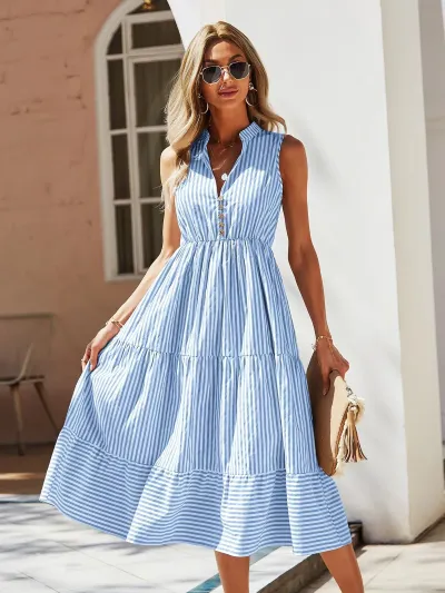 Women Casual Stripe Print V-Neck Sleeveless Midi Dress