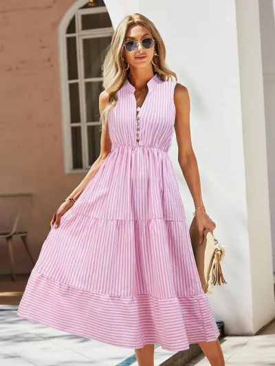 Women Casual Stripe Print V-Neck Sleeveless Midi Dress