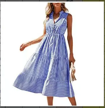 Women Casual Stripe Print V-Neck Sleeveless Midi Dress
