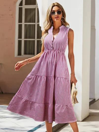 Women Casual Stripe Print V-Neck Sleeveless Midi Dress