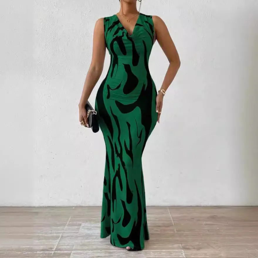 Women Fashion Sleeveless Print Bodycon Maxi Dress