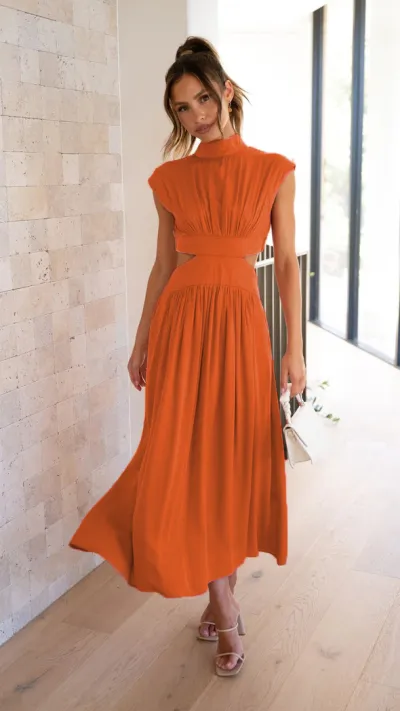 Elegant Fashion Summer Solid Color Cut Out Waisted Maxi Casual Dress