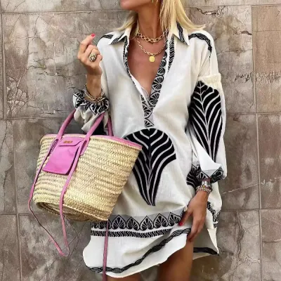 Women Boho Casual Long Sleeve V-Neck Midi Dress Loose Fit Geometric Pattern Vacation Shirt Dress