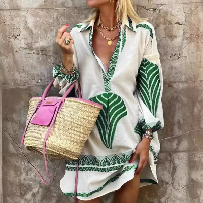 Women Boho Casual Long Sleeve V-Neck Midi Dress Loose Fit Geometric Pattern Vacation Shirt Dress
