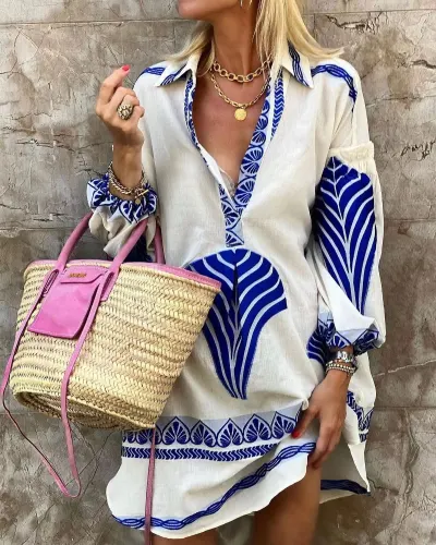 Women Boho Casual Long Sleeve V-Neck Midi Dress Loose Fit Geometric Pattern Vacation Shirt Dress