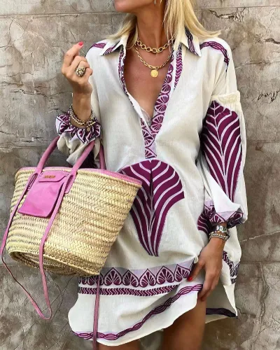 Women Boho Casual Long Sleeve V-Neck Midi Dress Loose Fit Geometric Pattern Vacation Shirt Dress