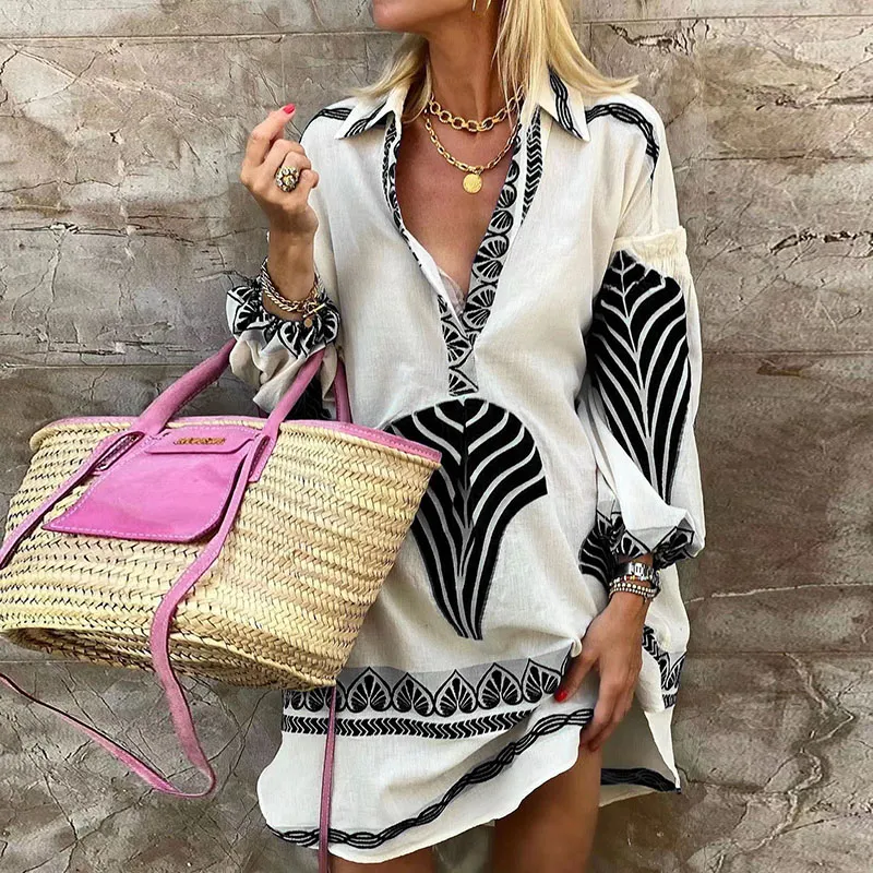 Women Boho Casual Long Sleeve V-Neck Midi Dress Loose Fit Geometric Pattern Vacation Shirt Dress